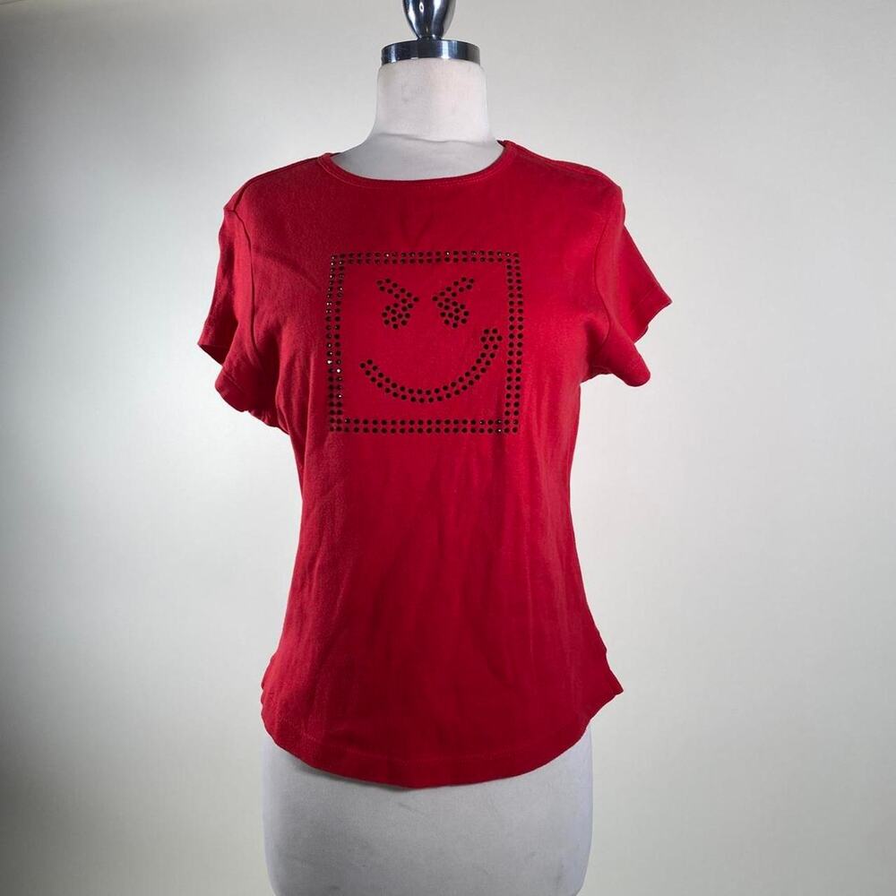 Vintage red rhinestone smiley graphic top